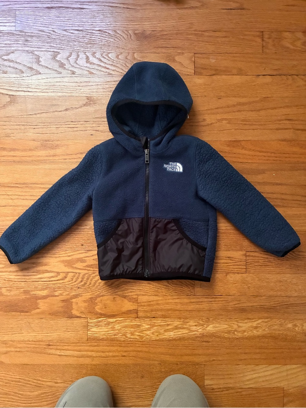 The North Face Kids Navy Hooded Sherpa Jacket with Black Pocket Panels